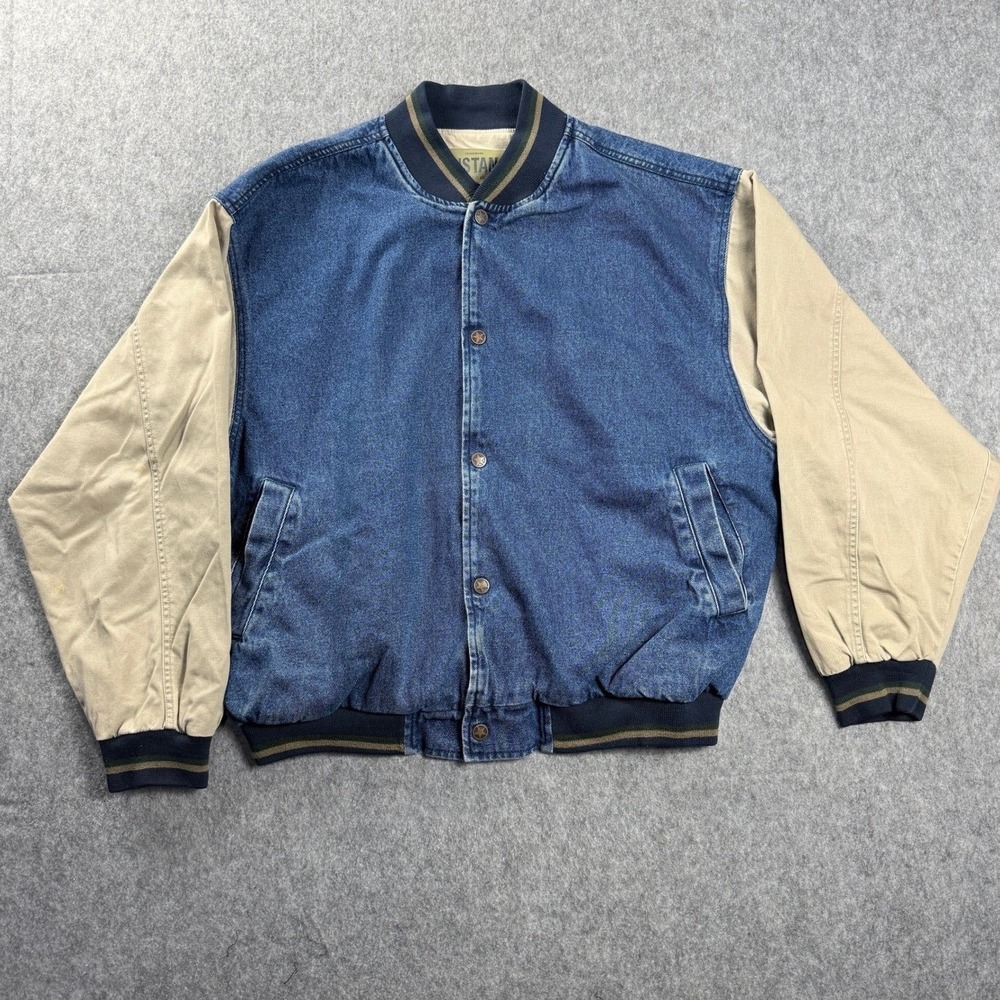 VTG Mustang Mens Denim Varsity Bomber Jacket‎ XL Blue Tan Canvas Sleeves 90s